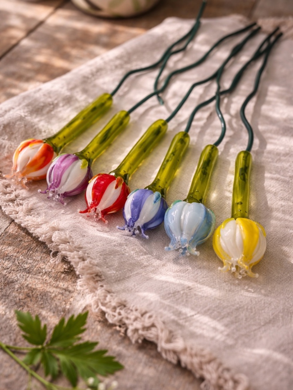 Set of 6 Vtg Hand Blown Glass Flower Stems Art Glass Tulips Garden Decor
